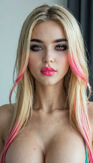 18 year old German girl, long blonde hair with pink highlights, hot pink lipstick, black eyeliner, <lora:FD_XL_ENF:.8>