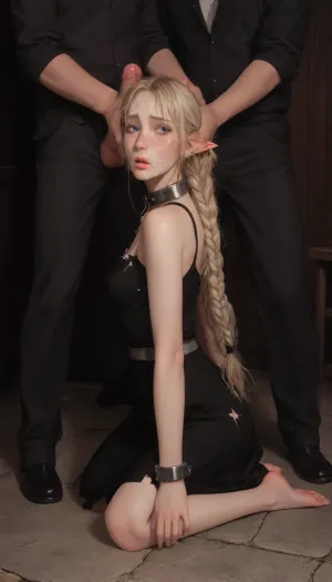 Elf slave on her knees chained and tied behind the back, endowed man ejaculating on her face, hands tied behind the back, on her knees, facial cum shot, fear, terrified, afraid, record breaking facial cum-shot, cum on the chest and body, cum on the ass, 3/4 view, chains, iron handcuff shackles, iron shackle collars on her wrists ankles and neck, hands restrained behind back, She is barefoot and naked, 4k epic details, submissive, full body in photo slave restraints, 1 girl nude, 2 men clothed, clothed men, one man sitting in a chair, panic, cucking, cuckold, big cock little cock, low color palette, painted, illustration, no gradients, incase style, muted colors, sharp outlines, warm low palette, masterpiece, realistic lighting, pointy ears, blue eyes, long hair, torn maids dress, elf, bangs, braided blonde hair, very wide shot, elf maid, close up, close up shot, cuck and bull, guy watching bull fuck his wife from a chair, <lora:slave_restraints:1.5>, <lora:ratatatat74-000050:1>, <lora:NEOTOKIOXL_0.2_RC:1>, <lora:nephelia-AnimagineV1:1.5>