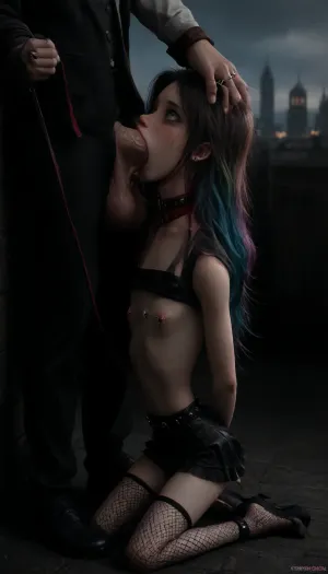 Girl, (opened leather jacket), (bare breasts:1.2), (long erect nipples:1.2), (skinny:1.3), long hair, (long spiked collar), gothic, goth makeup, Smokey eye, eyeliner, long eyelashes, black fingernails, (rainbow hair), (pale skin:1.3), (earrings), pink lipstick, (disheveled tousled hair:1.2), (narrow waist:1.4), cute, slim legs, small hips, (small skinny ass), (fishnet stockings), (mini-skirt), posing, full body, city park background, kneeling, big eyes, making, (freckles:1.3), flat chest, (deepthroat blowjob:1.6), big erect penis, 1 boy, (huge cock:1.4), (mouth strech:1.6), (ring pierced nipples:1.6), (leash:2), (wide opened mouth:1.2), (grabbing breasts:1.2), <lora:dark:.2>