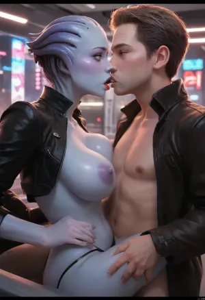 (Masterpice), (HD4K visual), (detailed background), 4K ultra-detailed image, HDR, enhancement, professional photography, clear face, detailed face, precise anatomy, (perfect symmetry), (5 fingers per hand), maximum resolution, sharp focus, NSFW, one female blue skinned Asari from mass effect, beautiful dark blue skin, blue eyes, Asari head hair, thin face, tall, thin frame, gigantic breasts, big gumdrop nipples, wide areola, black thong, thong strings pulled up, leather jacket, in missionary position, gigantic man out of frame, big cock, Asari is enthusiastically in missionary position getting fucked, doggystyle sex, pussy penetration, (sex), tounge kissing, background futuristic city, side view, Asari, ratatatat74, incase, style, <lora:asari-sdxl:1.4>, <lora:ratatatat74-000050:1.4>, <lora:Incase_Style__SDXL:1.4>, <lora:cbcity2:1.4>