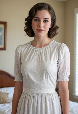 A beautiful 21 year old woman, American, perfect skin, Mormon missionary, short length brunette hair, wavy hair, wearing a missionary dress, (Mormon style), Utah style, standing in a bedroom, <lora:Mormon_Sister_Missionary:.8>
