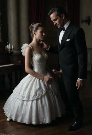 In a secluded 13th-century baroque chamber, a 25-year-old androgynous and dominant ballerina with, (a realistic perfect rendered face:1.4), in a delicate tutu performs privately for a submissive kneeling 65-year-old aristocrat, (elder and elegant dressed male aristocrat jerking his penis:1.6), adorned in richly embroidered garments, reclines comfortably, while warm candlelight casts a soft, intimate glow, highlighting both elegance and subtle allure., sunlight_str1, <lora:photorealistic_portrait_notrigger:.9>, <lora:dark:.1>, <lora:sunlight_str1-SDXL_v1-dim64-steps1691:1.7>
