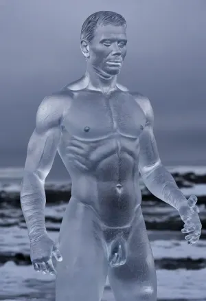 Ice sculpture of a naked man. Iceland. Man made of ice., Big, cock, <lora:pein:.8>, . Transparent body Wearing colorful winter scarf, PEIceSculpture, ice, sculpture, <lora:PE_IceSculpture:.8>