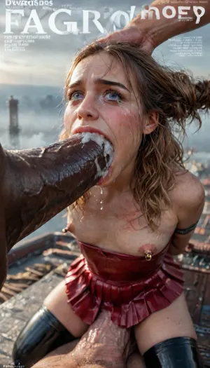 (Magazine cover "Pleasure":1.3), high POV, flat chested, (detailed Hermione Granger face), 18 year old adult girl, posing, pleased smirk expression, (detail wearing a plain tight red shiny latex Hogwarts Gryffindor school uniform, pleated violet latex mini skirt, black latex stockings), beautiful realistic pussy, (tight blouse:1.4), tits fully under clothes, (erect big nipples under clothes:1.5), (covered with thick cum:1.6), ((Hyper realistic:1)), (ultra HD image), 8k, UHD, super high quality, super high resolution, extremely detailed, perfect face, perfect eyes, (man is choking her from behind:1.4), ((hogtied, bound for sex, tied up)), (black eyes), (pale skin:1.3), cock in mouth, (brutal face fuck), Blowjob, (tears in eyes:1.5), (running makeup), (cum drips from nose:1.3), (cum drips from mouth:1.3), ultra hd, photorealistic, hyper gigantic large black cock in mouth, (((hyper gigantic large black cock in mouth:1.3))), oral cream pie, hair grab, sad, sad crying, tongue out, gasping for air, highly detailed, high resolution, perfect lighting, natural lighting, holding head, deepthroat, black spiked pet collar with leash, tied up in chains, hands behind back, (anal:1.5), (masterpiece:1), hard nipples, hourglass waistline, perfect anatomic body, anal spitroast, gagging on cock, (pulled nipples:1.2), nipple clamps, spitroast, wide eyes, throat bulge, puffy cheeks, thick cum, holding her head with both hands, 35mm photograph, film, professional, 4k, 1girl, 5 boys, hdr, photographic, ultra realistic, ultra high details, back light, (front view), (dynamic pose), best quality, with large muscular black men, gargantuan black cocks, anal sex expansion, large hyper muscular black men, interracial gangbang, (interracial sex), swollen black veiny cocks, (double anal penetration), hardcore double penetration, proper physics, big black cocks, muscular black interracial gangbang, (forceful penetrations), extremely graphic, beautiful hands, massive cum in ass, (side view), realistic lighting, soft shadows, high detail, hyperrealistic, 8K, BadX, dvr-shrp, Stable-Yogis-Makeup-Enhancer-XL, porn photoshoot, detailed skin, on the roof, steam locomotive, steampunk, fog, steam, blushing, DETAILED background, spectacular lighting, (huge dick), (creamy deep deepthroat:1.12), (extreme oral sex:1.4), (huge massive white dick:1.4), (hands pulling hair hard, hair falling off:1.22), ((laughing insane, looking at viewer, big grin:1.5)), ((shows the V sign with his hands)), (extreme size difference:1.12), (eyes wide open in horror:1.158), (wide mouth spreader:1.18), (pleading expression:1.54), (terrified:1.58), (crying:1.98), (fear and panic:1.58), ((screaming in pain:1.46)), (huge dick:1.18), (whip marks:1.125), (whipped tits:1.125), magazine cover, <lora:detailed_notrigger:2>, <lora:add-detail-xl:2>, <lora:LCMTurboMix_Euler_A_fix:2>, <lora:JuggerCineXL2:2>