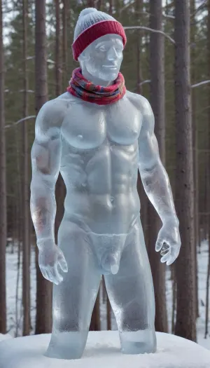 Ice sculpture of a naked man. Iceman. Man made of ice, Transparent body, Wearing colorful winter scarf, PEIceSculpture, sculpture, Penis. Dick. Winter hat. Winter accessories. Has a cock between his legs, solo male, stroking his dick, outdoors, ais-icebaby, made, of, cock and balls, dick, testicles, masturbation, ice, penis, <lora:PE_IceSculpture:2>, <lora:Ice_Style_SDXL:2>, <lora:Ice:2>, <lora:xpenis-1.5e:.1>, transparent skin, made entirely of ice, scarf.