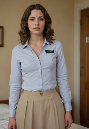 A beautiful 21 year old woman, American, perfect skin, Mormon missionary, short length brunette hair, wavy hair, wearing a missionary dress, nametag, standing in a bedroom, (completely unbuttoned clothes:1.5), bare chested, visible nipples, breasts, cutout, clothing, nipples, <lora:Mormon_Sister_Missionary:.8>, <lora:2BoutOvalSDXL2-000002:.8>