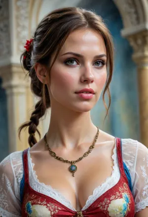 chubby Lara Croft, big breasts, Portrait of a Russian beauty in national costume, lace filigree of bright, rich color. Super clear, highly detailed watercolor, glaze technique, plus colored alcohol ink, style of V. Vasnetsov