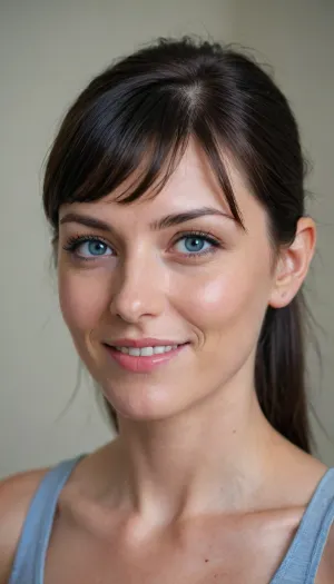 Subject, a woman 40 year old with head and shoulders visible, (bare), three-quarter view.
Light blue eyes, square face. Long, very hooked and pointed nose, thin lips, smiling.  Black hair, boyish cut with bangs. Ear, one ear is visible on the left side of the image.  Skin, fair complexion visible on the neck and upper shoulders. Background, light-colored wall. Light, soft and natural lighting, no sharp shadows.