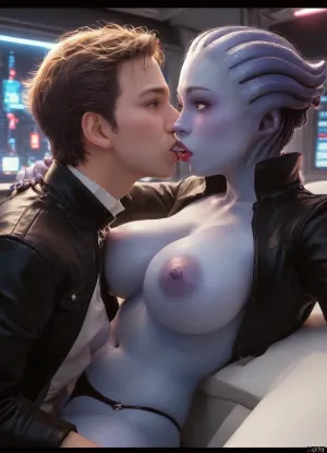 (Masterpice), (HD4K visual), (detailed background), 4K ultra-detailed image, HDR, enhancement, professional photography, clear face, detailed face, precise anatomy, (perfect symmetry), (5 fingers per hand), maximum resolution, sharp focus, NSFW, one female blue skinned Asari from mass effect, beautiful dark blue skin, blue eyes, Asari head hair, thin face, tall, thin frame, gigantic breasts, big gumdrop nipples, wide areola, black thong, thong strings pulled up, leather jacket, in missionary position, gigantic man out of frame, big cock, Asari is enthusiastically in missionary position getting fucked, doggystyle sex, pussy penetration, (sex), tounge kissing, background futuristic city, side view, Asari, ratatatat74, incase, style, <lora:asari-sdxl:1.4>, <lora:ratatatat74-000050:1.4>, <lora:Incase_Style__SDXL:1.4>, <lora:cbcity2:1.4>