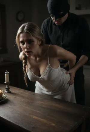 Insanely hot woman with giant boobs, russian supermodel, ((masked burglar fucks woman from behind)), (ultra detailed 4K UHD RAW photo), highly detailed, 8k, (photorealistic:1.7), man brutally rapes from behind a 40 year old housewife, lifting her flowery dress, scared woman with huge boobs in the kitchen, ((crying, sobbing, pleading)), ((curvy body)), ((milf:1.4)), ((bent over)), ((long blonde braided haircut)), ((makeup:1.5)), ((A woman is bending over the kitchen table)), ((forceful, maledom, brutal, rough)), ((her hands tied behind her back:1.3)), ((he is pressing her head down on table:1.3)), the hem of her nightgown is pulled up on her back, full and rounded buttocks are exposed, big, boobs, large, breasts, huge, gigantic, <lora:bombshell_v2:.5>, <lora:dark:.8>