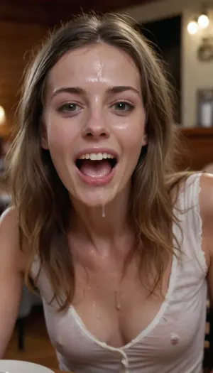 I cum on my pretty skinny Slovakian girlfriend's face, 30s, 30 years old, pretty tall and skinny, long messy dirty brown hair, she is having dinner sitting by a restaurant table, she is angry, thick white cum is dripping down her hair and her face, woman, cum, on, face, <lora:JustCum:1.6>, cum explosion, cum spray, cum is flowing down her hair, cum is flowing down her face, cum on her nose, cum in her eyes, cum on her shirt, skintight stained shirt, she looks happily surprised, smiling, leaking cum from her mouth
