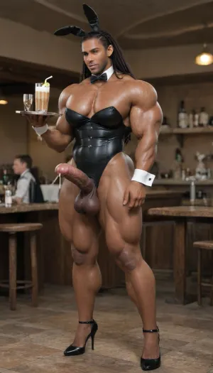 Crossdressing, man, playboy bunny, Black, African, handsome, Bunny ears, bulge, big muscles, bodybuilder. Oversized bulge. Black leather. Rubbing bulge. Cum stains. Leaking cum. Semen stains. Strapless leotard. Dark skin tone. Bodybuilder, big pecs, oversized arm muscles. Oversized pecs. Big chest. White collar. Black bow tie. White cuffs. Fishnets. High heels. Dark Skinned. Bunny tail. Black man. Dark skin. . Butt plug. White bunny tail. Oversized shoulder. Butt. Fat ass. Black leather corset over strapless leotard. Horse penis. Big balls. Equine phallus. Stocking. Garter. Long hair. Dreadlocks. Sweaty. Thick, Bodybuilder. Wide. Big muscles. Dark skin, black skin. African skin. Black, african. Ebony skin. Clean shaven, big, muscle, large, hyper, thick, limbs, thighs, arms, huge, anime, hugest, ever, muscles, Brute. Hulking muscles. Big full balls. Oversized testicles. Balls hanging low. Dark black skin. Elf ears. gigantic black brute, only one person, only man, no woman, (tall strong muscular thug:1.1), black, dark, skin, standing up straight, stocking. Pantyhose. Horse phallus. Horse penis. Equine penis. Solo crossdressing man., Carrying a drink serving tray, casino background, BlackRealFishnetsP, <lora:bodybuilder:2>, <lora:HugeAnimeCocks:2>, <lora:Diversify:2>, <lora:BlackRealFishnetsP_XL:.5>, filling a glass with semen, cumming into your coffee.