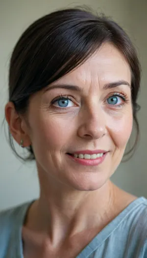 Subject, a woman 90 year old with head and shoulders visible, (bare), 3/4 profil view.
Light blue eyes, square face. Long nose and very hooked and pointed, thin lips, smiling. Black hair, boyish cut with bangs. Ear, one ear is visible on the left side of the image. Skin, fair complexion visible on the neck and upper shoulders. Background, light-colored wall. Light, soft and natural lighting, no sharp shadows.