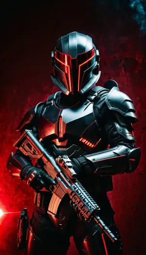 warrior of the future, high-tech black armor, face completely hidden by a helmet, helmet visor glows red, very aggressive overall appearance, holding a laser rifle, full body in frame, side view