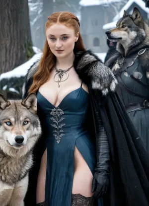 ((Beautiful Sansa Stark from game of thrones:1.4)), big sexy breasts, in a poor black cape with a hood thrown, (no panties:1.2), sexy cleavage, lace filigree of bright, naked tits, (naked, showing black stockings and blonde extremely hairy pussy:1.3), rich color. Super clear, highly detailed watercolor, glaze technique, plus colored alcohol ink, style of V. Vasnetsov, long braided blonde hair, sexy black long gloves, In her hand is a large Valerian steel sword, A wolfskin is draped over her shoulders, ((a large wolf stands at near her)), she stands there confidently, looks seductive, next to her stands a big snow-white wolf from games of thrones, show whole body in the picture, castle, (Realism:1.8), (Beautiful huge tits:1.5), sns, woman, she, has, red, long, hair, braded, wearing, crw, outfit, black, armor, dark, tunic, queen, of, the, north, gown, battle, Young_woman, extremely waist, perfect skin, extremely high detailed, thick bimbo lips, pink lips, blonde, blue eyes, perfect face, nude, ((her personality and behavior is feminine, flirtatious, beguiling, and slutty:1.2)), wolf, (((she is posing in a sexually explicit way, she desperately wants the viewer to fuck her:1.2))), NSFW, Hardcore, XXX, (uncensored. Perfect huge curved ass), skirt lift, <lora:add-detail-xl:.9>, <lora:sansa stark SDXL - sns woman:1.3>