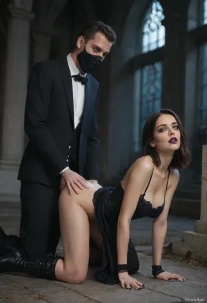 At night in a graveyard, creepy gothic church in the background, a 44 year old woman, black long straight black hair, shoulder length bangs, elaborate black gothic ball gown, purple lipstick, dark purple eye shadow, black eye liner, knee high black lace up high heeled boots, no underwear, long black nails, (((getting fucked from behind by a masked man in a suit, his penis is out of his fly))), sex, penis in vagina, ((lifted dress)), ((deep penetration)), rough sex, perfect mature face, insanely hot MILF, incredibly beautiful face, white skin, slightly soft mature body, small waist, round hips, side view over a gravestone, doggy style sex