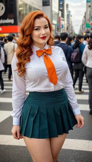 Extremely high-quality, highly detailed, cinematic photo, 8K, HD, a masterpiece.

A chubby, (plump, thin waist), tall and beautiful 35-year-old woman, with a seductive and sensual look, (medium breasts filling out her blouse), (((wearing a very detailed school uniform))), (pleated skirt), (bow tie), (beautiful and well-projected breasts), (tight clothing), (fully dressed:1.3), (chubby), ((long, silky, reddish-orange hair with loose curls)), messy hair, trimmed red eyebrows, makeup, cat-eye eyeliner, delicate red lips, (very thin waist), narrow waist, (large and round sensual hips), large buttocks, (arched back, puffed-out chest), (protruding buttocks), 175 cm tall, fair skin, healthy, smiling, happy facial expression, (full body side view), (looking at the landscape), posing for the camera, in public, outdoors. Outdoors, (Shibuya, Tokyo), (((Shibuya Crossing))), daylight, 8K UHD, DSLR, ultra-high quality, masterpiece, photorealistic, detailed skin texture, (highly detailed hair), (ultra-realistic face), soft focus, extremely detailed, ultra-detailed, ultra-realistic