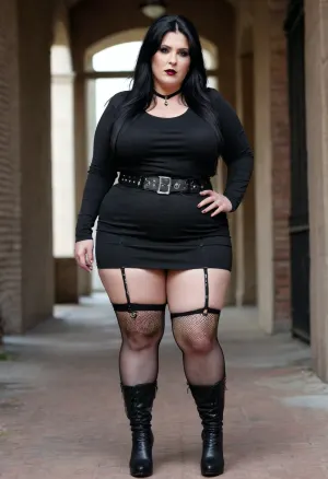 tall chubby plump bbw woman, 50 years old, large soft plump belly, goth, long straight black hair, wearing a black cordet, black black mini skirt, ripped fishnet stocking, supender belt, knee high high heel boots
