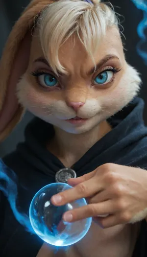 (Furry Lola_Bunny:1.3), Wearing a black cloak which is flying all around her, sorceress, blue flames around her, performs an energy ball with her hands, in a dark cave, aggressive angry look, eyes are filled with blue flames, portrait, close up