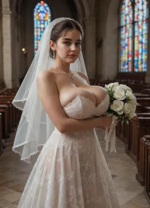 round face, beautiful make-up, sweet, innocent face, virgin, (Cleavage Bulge:1.3), (Bursting Breasts:1.3), (Spilling Out:1.2), adult girl, 18 years old, wedding dress, transparent dress, lace, wedding, church, bouquet, <lora:detailed_notrigger:2>