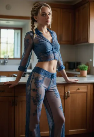 On a beautiful summer morning, in a large and beautiful kitchen, the room was beautifully lit. A woman, around 20 years old, blonde with a braid, small, firm breasts, slightly tousled hair, and a round, firm bottom, had just gotten up. Leaning on the kitchen island, she struck a sexy pose, giving a seductive look. She wore sheer blue lace pants and a matching blue lace blouse, full body, front view, seethroughol, seethrougholback, <lora:SeeThroughOLXLv2:.8>