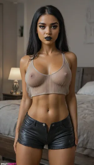 solo, 3/4 view, (pretty tiny petite young gothic female:1.6), ((black lipstick)), (olive skin:1.6), (hourglass figure:1.6), ((tight large breasts)), untrimmed wild bushy pubic hair, (((sheer see-through top))), (((sheer see-through shorts))), (((stocking))), (penthouse bedroom:1.6)
