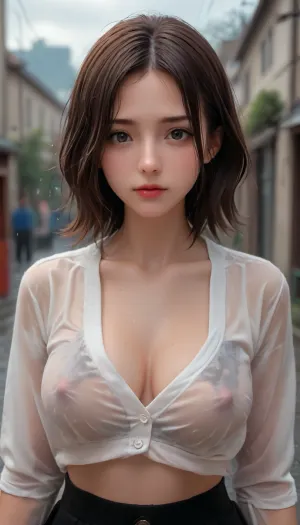 25 year old, japanese woman, large boobs, in a white shirt, standing in the rain, soakingwetclothes, <lora:soakingwetclothesXL:.8>, no, bra, covered, nipples, <lora:nobrav1_SDXL:.8>