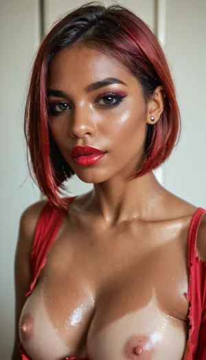 High definition, Colombian woman, 55 old, big black eyes, fit body, golden skin, tanned skin, brown skin, lubed body, oily body, shiny skin, bristly skin, bob cut hair red hair, red lips, big lips, full lips, lip piercing, (strong black makeup:1), red shirt details, shirt torn above the boobs, small nipples, pink nipples, small areola, pink areola, fake boobs, detailed eyes, sharp facial features, cinematic lighting, everything in focus, ultra realistic, photorealistic, 8k, DSLR photo, high detail, studio quality, soft shadows, perfect anatomy, high definition, natural skin texture, visible pores, crisp details, sliced, bob, black, sclera, eyes, <lora:add-detail-xl:.8>, <lora:portrait:.8>, <lora:White_Slime_Remastered_-_Anime:.8>, <lora:xl_sliced_bob-1.0:.8>, <lora:NicolaSamori:.8>