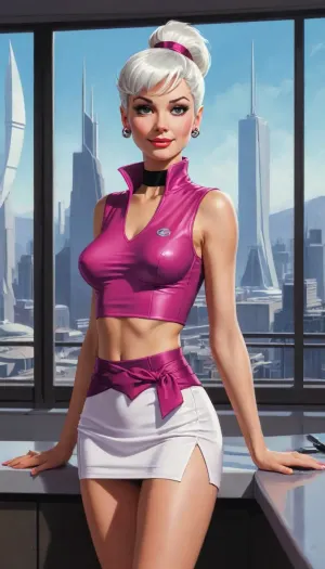 alcohol ink marker portrait sketch of Judy Jetson from the cartoon “The Jetsons” standing in front of a window featuring a futuristic city, white hair, ponytail tied with a black ribbon, wide-collared magenta crop top, bare midriff, magenta miniskirt, solo, smiling, blushing, looking at viewer, view from thighs up, cleavage, concept art by syd mead, blade runner, <lora:concept_art_syd_mead:.9>