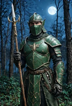 Uber realistic, 8k, ultra detailed, masterpiece, mature male elf warrior, army green elven armor, holding spear in right hand, forest, full_helmet, closed_helmet, visor, (face covered:1.5), (night:1.8)