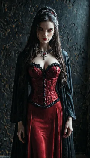 Regal female vampire countess, tall, (pale porcelain skin:1.4), (long black hair), (elegant fancy updo hairstyle), ruby-red eyes, crimson lips, blood-red velvet gown with corset, black cloak, ruby jewelry, inverted silver cross, alluring yet dangerous, dark sapphic glamour, gothic, realistic, dramatic lighting., hkstyle, <lora:hkstyleV5:.8>, <lora:dark:.8>