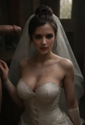 Chiaroscuro, high resolution, high quality, closeup of face, well-lit beautiful 42 years old blonde bride who just had 12 guys in a bukakke, covered with massive loads of cum, thick white cum, cum on face, (Hair up in elaborate bun:1.4), (((loads of thick visible cum on her face:1.6))), cum dripping from face, cum on cleavage, (standing model posing, (slutty wedding dress:1.2), (white corset:1.2), (wedding veil:1.3), (white lace gloves), very cute, smile, out of focus colorful flowers in a romantic outdoor background, ruind heavy wedding day makeup, on, face, bukkake, cum), bukkake, woman, chiaroscuro, style, dim, light, <lora:MS_Real_XL_Bukkake:2>, <lora:JustCum:2>, <lora:dark:.3>, <lora:polyhedron_chiaroscuro-000005:1.4>, ruined, makeup, <lora:ruined1:.8>