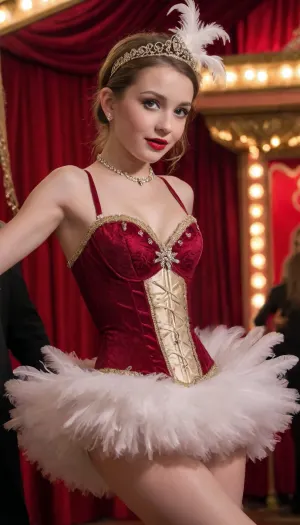 ((2/3 close-up portrait view from head to thighs, A glamorous burlesque dancer girl performs on the historic Moulin Rouge stage in Paris. She lifts her tutu, revealing a clear view of her nude perfect little pussy., young perfect detailed lustful eyes look directly to the viewer, cute detailed face, 24 years old, young, slender, The scene is richly decorated with deep red velvet heavy curtains, ornate golden trim, and soft warm lighting that gives the entire room a nostalgic, vintage glow. Thick cigar smoke drifts through the air, illuminated by spotlights, creating a hazy, atmospheric ambience. The slender dancer girl wears elegant, classic burlesque attire, intricately beaded corset, layered feather accessories, shimmering stockings and a vintage headpiece with delicate rhinestones., Her lascivious movements are pornographic and clearly show her perfectly illuminated pubic area, perfect tiny vagina, a sexually charged striptease performance, expressive and artistic., dramatic shadow))