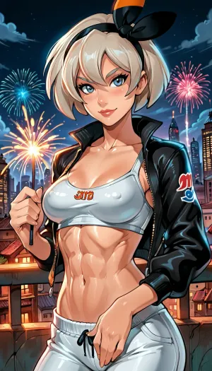 ((Bea from Pokemon)), reiq style, solo, close up, (petite), muscular, open black jacket, white sport's bra, medium breasts, looking at viewer, smirk, sexy pose, holding a sparkler, sweatpants, suggestive, night, fireworks, outdoors, city, SamDoesArts, <lora:detailed_notrigger:1>, <lora:add-detail-xl:.8>, <lora:LCMTurboMix_Euler_A_fix:.8>, <lora:SDXLSamDoesArts:.5>, <lora:EnvyBeautyXL05:.3>