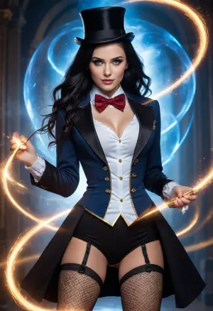 Female superhero, confident, long flowing black hair, piercing blue eyes, modified classic black/white magician's outfit, black tuxedo jacket with white cuffs, white shirt with a white bow tie, fishnet stockings, black leotard, holding a magic wand, swirling glowing blue magical energy, tipping a tall black top hat with a red band, mischievous smile, swirling magical energy, cosmic elements, vibrant blue and gold light trails surrounding her, hourglass figure, sexy vibes, dynamic/enchanting atmosphere, charismatic and powerful presence