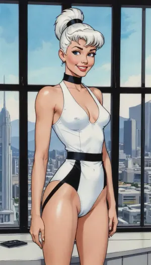 alcohol ink marker portrait sketch of Judy Jetson from the cartoon “The Jetsons” standing in front of a window featuring a futuristic city, white hair, ponytail tied with a black ribbon, naked, hairy white bush, solo, smiling, blushing, looking at viewer, view from thighs up, concept art by syd mead, blade runner, <lora:concept_art_syd_mead:.9>
