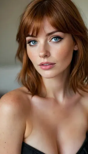 ziprealism, (intimate snapshot esthetic), (sensual woman, sexy lingerie, off the shoulder, teasing cleavage, intimate seduction:1.4), (mischievous smirk, seductive expression, sensual pose), (f/2.8, shallow depth of field, Dutch Angles:1.2), (focus on eyes, perfect eyes:1.2), (subtle bokeh:.4), (vibrant auburn hair with warm highlights, short French Bob cut hair, cute blunt bangs and fringe, voluminous hair:1.6), (large teardrop breasts), (large expressive eyes, perfect eyes, defined jawline, full lips, long face, square jaw, pale skin, soft blush), (cozy bedroom, warm romantic lighting), igbaddie, <lora:igbaddie-XL:.4>, <lora:style_lora_realis:.8>