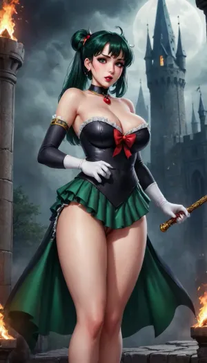 Dark Fantasy, a dark fantasy castle with high towers and pinnacles. The walls are ruined and cracked. At the center ther is a massive gothic tower. The castle is surrounded by a grim forest, and swarms of bats. The sky is dark and the night is dark. Fantasy. Dark. Black., 1 Frau, große, wohlproportionierte Frau mit großen Brüsten, Metallkopf, Heavy-Metal-Künstlerin, Aufnahme aus der Vogelperspektive, Gitarre spielen auf der Bühne, Kerker, Blut, Knochen, Rotlichtstäbe, Feuer auf der Bühne, (Meisterwerk, Dornen, (Charakter), rote Highlights, Lippenstift, Erotisches Vampirkleid, Halskette, Schuppen, rote Schuppen, goldene Schuppen, schwarze Schuppen, langes Braun im Wind verstreut, Schildpattleder, Hörner, Nägel), Sailor, Pluto, XL, sailor, senshi, uniform, lipstick, carmine, eyes, hair, bun, single, gloves, choker, skirt, long, dark, green, elbow, white, jewelry, earrings, black, tiara, bow, bare, legs, revsitting, revstanding, <lora:milkers_v2:1>, <lora:Sailor Pluto XL:1.4>, <lora:revsex_SDXL_1_:.8>