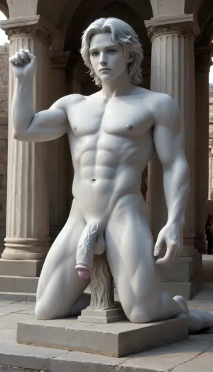 Porcelain statue of a naked man, stone hair, carved from marble, Male. Attractive. Statue. Male solo. Nude, White porcelain skin. Living statue. Erect cock. Rock hard. statpl, marble statue, bodybuilder statue, transformed into solid stone. Stone skin, marble skin., erect penis, bwporcelaincd_xl, blue, and, white, porcelain, <lora:Nude_male_photoshoot:.8>, <lora:bwporcelaincd_xl-000007:2>, <lora:PAseer-SDXL-B＆WPorcelain:1.2>, blue lips, blue eyes, cock, penis, phallus, dick, male genitals, masculine genitals, anatomically correct male statue of a bodybuilder with an erect penis, statue hair, blue tones, hair made from marble