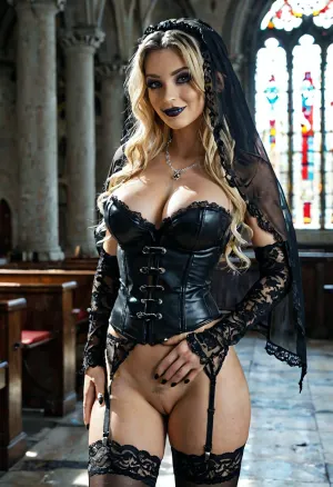 Goth bride, high resolution, high quality, beautiful goth girl, black lipstick, goth makeup, black hair with violet highlights, large bimbo breasts, (black open cup corset), (black veil), (black lace gloves), (black lace stockings and garter belt), (girl shows off her pussy), (no skirt), (no panties), (pussy, smooth pussy), very cute smile, long wavy blonde hair, church building in the background, many people in the background, sunlight, detailxl, <lora:add-detail-xl:.8>, <lora:MJ52:.8>