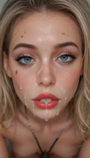 super close hot of bukkake, cumshot, face in cum facial, with heavy makeup and a lot of makeup, a lot of Cum on her face, cum on her long black eyelashes, Cum on her eyelids, Cum on her cheek skin, her face wet with Cum, Cum on her red lips. cum on her wedding tail, One of the false eyelashes is wet and on the cheek. woman, cum, on, face, ruined, makeup, (pussy peeking out of thong:1.5), <lora:JustCum:1.1>, <lora:ruined1:.9>, <lora:Pink_Lips:.9>, <lora:add-detail-xl:.5>