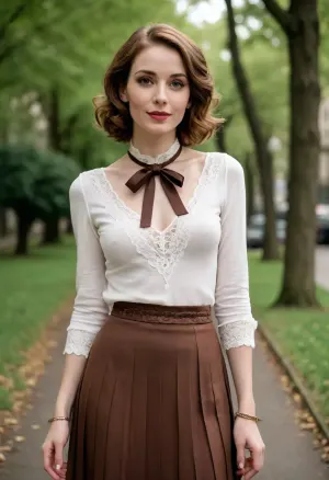 (mature 35 years old hot milf), (tall and slim figure with narrow shoulders but thick hips and thighs:1.4), (extra flat narrow chest with extra tiny titties:1.3), (extra long nose:1.3), (extra wide mouth:1.3), slim angular face, natural ginger curly hair, (retro 1920s short slicked hairstyle:1.2), watches, bracelets, (laced chocker:1.3), earrings, (old-fashioned retro cotton outfit of white laced blouse with long sleeeves and brown maxi long pleated skirt:1.2), (romantic shy pose), (active hands gesturing:1.5), smile, (nice friendly face), (looking straight into the camera:1.5), (from down below to up view on her:1.5), empty park alley, (perfect quality photo:1.5), (high detalisation picture:1.5)