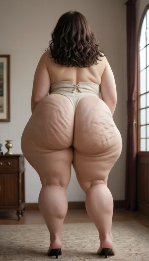 very tall bbw pawg, showing her huge pawg bottom, huge hips, huge thighs, ((soft saggy cellulite bottom)), full body rear view, long curly brunette hair
