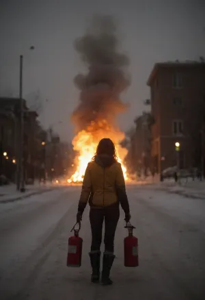 A skinny figured, nude, very sexy 25-year-old woman, confidently smiling, half nude slutty dressed, just dressed in tight hot pants, a fitted top, and moon boots, casually strolling through a snowy landscape with, (a gasoline canister in hand:1.7), The scene is highly detailed and high-resolution, capturing her joyful, rebellious demeanor, (In the blurred background, various buildings are engulfed in flames and explosions:1.9), contrasting starkly with the white snow. The fiery background highlights the dramatic contrast between ice and fire. This powerful, vivid imagery captures both her strength and the intensity of the scene, Explosion, Artstyle, double, middle, finger, cloudy, smoke, atmospheric, clouds, fog, <lora:Explosion Artstyle - Trigger is Explosion Artstyle:.6>, <lora:doublemiddlefingerXLv1:.8>, <lora:Cloudy_Style:.8>, <lora:hair-over-face-01-000007:1.2>