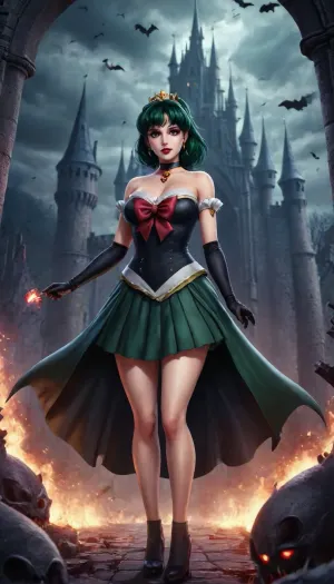 Dark Fantasy, a dark fantasy castle with high towers and pinnacles. The walls are ruined and cracked. At the center ther is a massive gothic tower. The castle is surrounded by a grim forest, and swarms of bats. The sky is dark and the night is dark. Fantasy. Dark. Black., 1 Frau, große, wohlproportionierte Frau mit großen Brüsten, Metallkopf, Heavy-Metal-Künstlerin, Aufnahme aus der Vogelperspektive, Gitarre spielen auf der Bühne, Kerker, Blut, Knochen, Rotlichtstäbe, Feuer auf der Bühne, (Meisterwerk, Dornen, (Charakter), rote Highlights, Lippenstift, Vampirkleid, Halskette, Schuppen, rote Schuppen, goldene Schuppen, schwarze Schuppen, langes Braun im Wind verstreut, Schildpattleder, Hörner, Nägel), Sailor, Pluto, XL, sailor, senshi, uniform, lipstick, carmine, eyes, hair, bun, single, gloves, choker, skirt, long, dark, green, elbow, white, jewelry, earrings, black, tiara, bow, bare, legs, <lora:Dark Fantasy:1>, <lora:Sailor Pluto XL:1.4>, <lora:milkers_v2:.8>