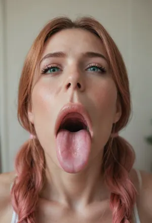 best quality, no penis, 1girl Breathtaking beautiful milf alone ginger-red pigtails, (huge dark green eyes looking at viewer), (long wide smooth thin pink tongue:1.4), (extremely huge hyper wide pink mouth:1.5), (very well lit throat all the way down), ((extremely detailed closeup pink mouth, throat, uvula:1.5)), ((salivating)), ((cute little upturned nose:1.2)), 18 year old Russian girl, (adorable:1.2), (((detailed view down her burping belching throat:1.5))), light the inside of her mouth, fat gigantic swollen pillow hot-pink lips, flash, photo, (perfect view deep down into her throat:1.5), (commically super hyper double super-long neck:1.4), (extremely dislocated unhinged jaw gaping throat:1.7), gynomorph pink snake