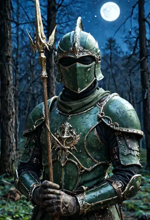 Uber realistic, 8k, ultra detailed, masterpiece, mature male elf warrior, army green elven armor, holding spear in right hand, forest, full_helmet, closed_helmet, visor, (face covered:1.5), (night:1.8)