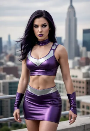 Female super villain, long black/dark purple hair, silver circlet with a purple gemstone, dark purple crop top, short tight dark purple pencil skirt, silver armor pieces, lavender lipstick, toned, athletic, intimidating, domineering, tanned skin, cityscape background