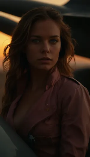 A confident and strong fighter pilot boards an F-16 jet at a military airbase at sunset. The warm, golden light creates a dramatic backlight that highlights her silhouette and flowing hair. She wears a classic flight suit, (slightly open at the front:1.3), (revealing an elegant neckline:1.5), (deep neckline:1.3), . Medium breasts, pink areolas, erect nipples. Her expression is focused and self-assured. She climbs the external ladder, with the cockpit canopy open above her. The F-16 stretches out behind her, slightly out of focus due to the shallow depth of field. The environment is dusty, with hints of other jets and equipment in the background, creating a heroic, Top Gun-inspired atmosphere. Ultra-sharp details, realistic skin texture, refined contrast, 8K detail, authentic facial expression, clean composition, (maximum photo quality:1.4), (maximum resolution:1.5), delicate face, blue eyes, (perfect intimate area lighting:1.4), body wet from monsoon rain, cloudy sky, smoke, atmospheric, clouds, fog, no bra, wearing clothes that make sense with no bra, <lora:DetailedEyes_V3:.7>, <lora:Cloudy_Style:.1>, <lora:MJ52:.4>, <lora:Portrait_perfection:1.3>, <lora:bralessSDXL_v1_00022:.8>