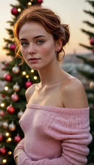 Stunningly beautiful English woman, tall and elegant with long neck, off the shoulder fine knit sweater, powered pink colour, tiny perky breast, breast profile is visible, decorated Christmas tree behind her, golden sunset light. No bra, small sagging breasts. Her sweater is falling off.
Freckles, Sun kissed skin. skin texture and hair follicles are visible. 25 years old, short auburn hair, hair in to a loose bun. looking lovingly at the camera. Hollywood A-lister looks, clothes, Photography, stvmccrr, style, braless, Wearing, that, make, sense, with, Braless>, <lora:Midjourney Image Enhancer XL v1:2>, <lora:detailed_notrigger:1.3>, <lora:stvmccrr:1.7>, <lora:bralessSDXL_v1_00022:.8>